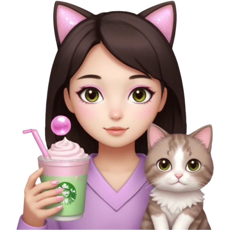 asian girl with short dark brown hair and dark brown eyes with a soft girl pink glowup aesthetic, matcha latte, 2 light brownragdoll cats, and sparkles, makeup, and money emoji