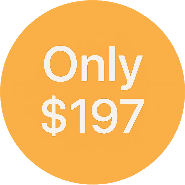 icon with text 'Only $197', color icon style, circular badge, bright, inviting, modern font emoji
