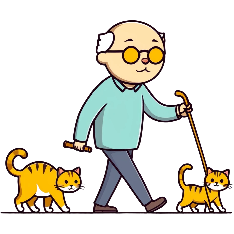 Golden cat with old blind man and his walking stick emoji