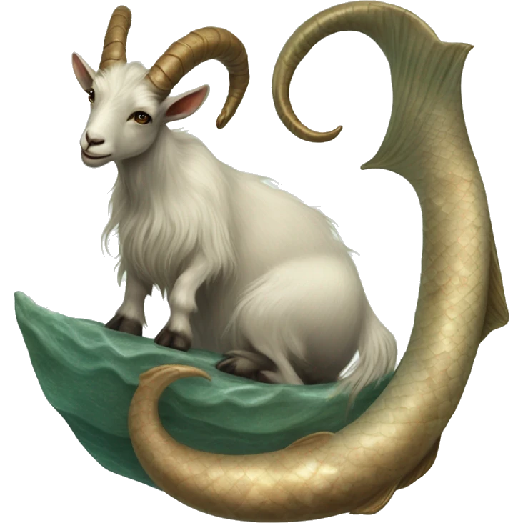 Goat with big horns attached to a long wrapped up mermaid fish tail, Capricorn, creature mythology, watery & earthy tones, mystical, realistic  emoji