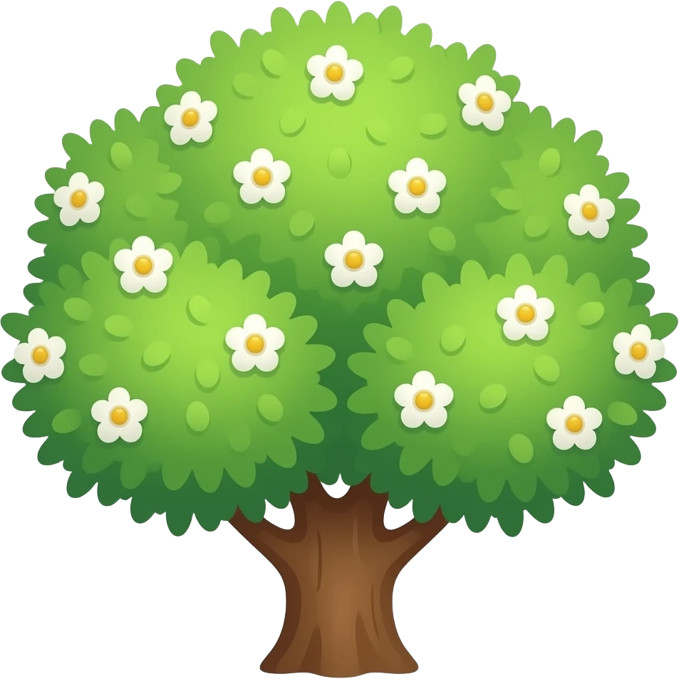 Apple-style blooming tree, round soft green canopy. Small white and yellow flowers inside the leaves. Flat 2D emoji, clean shapes, no gradients. emoji