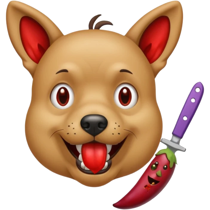 dog with crazed eyes holding bloody knife and eggplant in mouth emoji