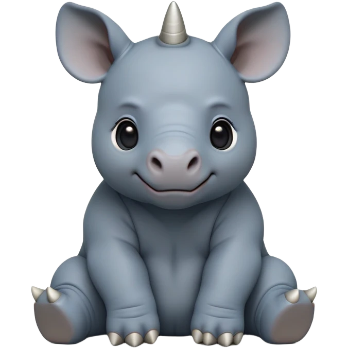 cinematic-baby rhino-full-body-sitting-emoji,white horn, slate grey/blue skin -massive-body-poised-powerfully,-thick-horn-curving-slightly-forward,-head-tilted-dramatically,-rough-grey-hide-covered-in-dust,-simplified-focused-features, large cute black eyes emoji