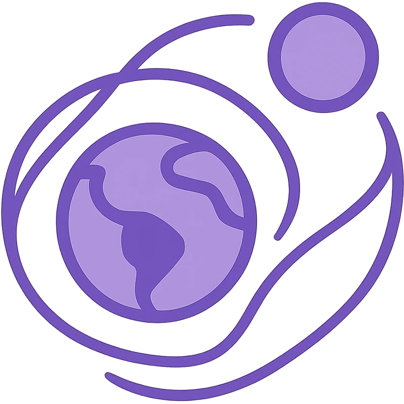 abstract logo for open source software, two circles in the same shade of purple, one representing earth and one representing the moon, moon diagonally positioned to the top right of earth, flowing lines or shapes connecting or surrounding the circles, modern, minimal, conveys flow emoji