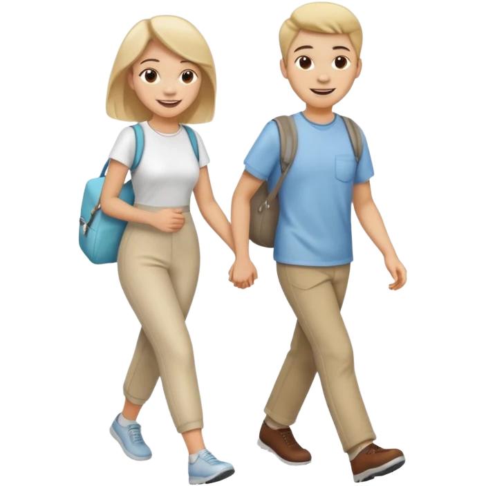 a young woman and a young man, both smiling and walking together, heading to the dentist emoji