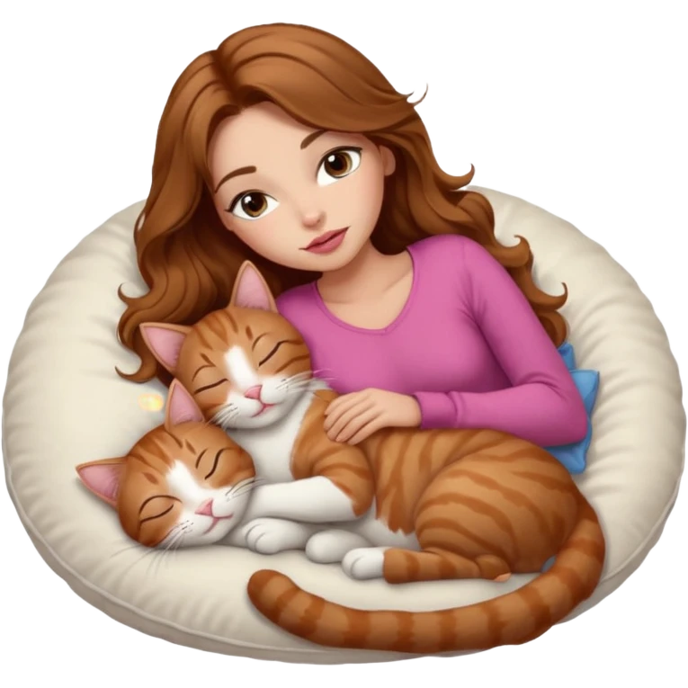 girl with long wavy brown hair, brown eyes, long lashes makeup, sexy pink lips, light to medium complexion,  sleeping on a cozy pillow, with 6 cats: 1 brown tabby cat, 1 ginger and white cat, 2 grey and white cats, 1 grey with white mittens and small white patch on chest cat and 1 calico cat emoji