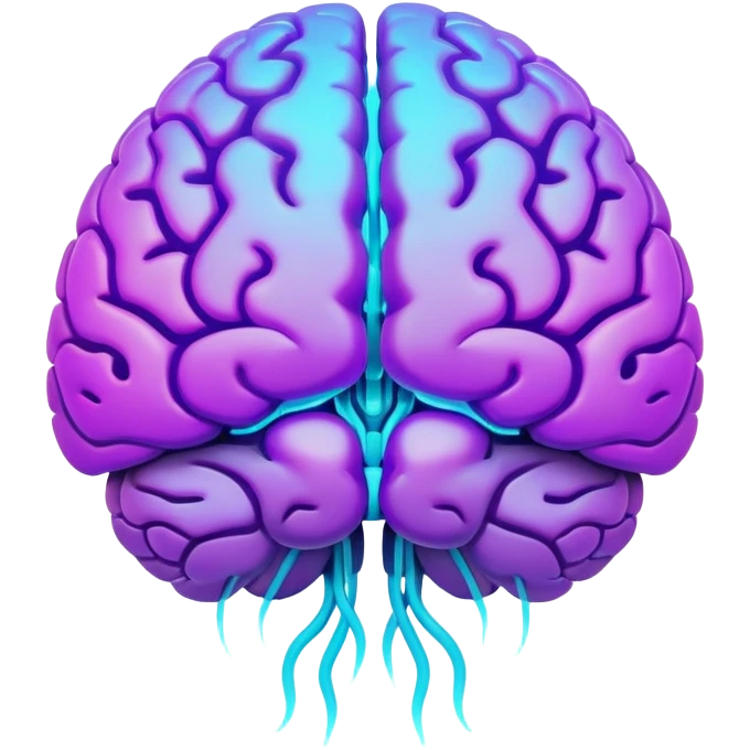 brain with neon glow effect, blue neon glow on top left, purple neon glow on bottom right emoji