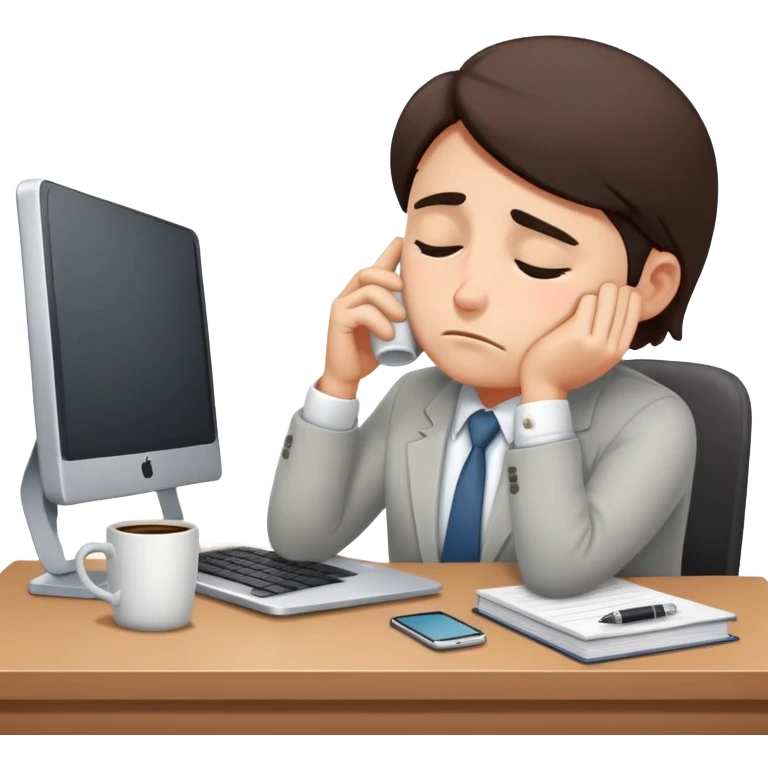 sleepy office worker hunched at desk with dark under-eye circles, laptop, coffee mug emoji