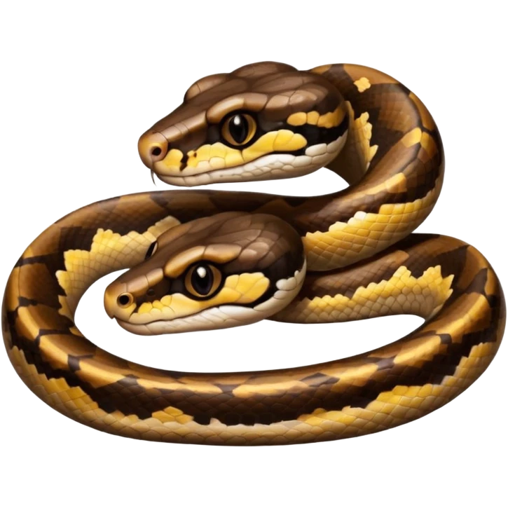 A photo-realistic top-down view of a Ball Python gently coiled into a tight spiral, with its head resting peacefully at the center. Its scales are warm brown with bold, irregular black markings, including the distinctive “alien-head” pattern, flowing smoothly along its body.  emoji