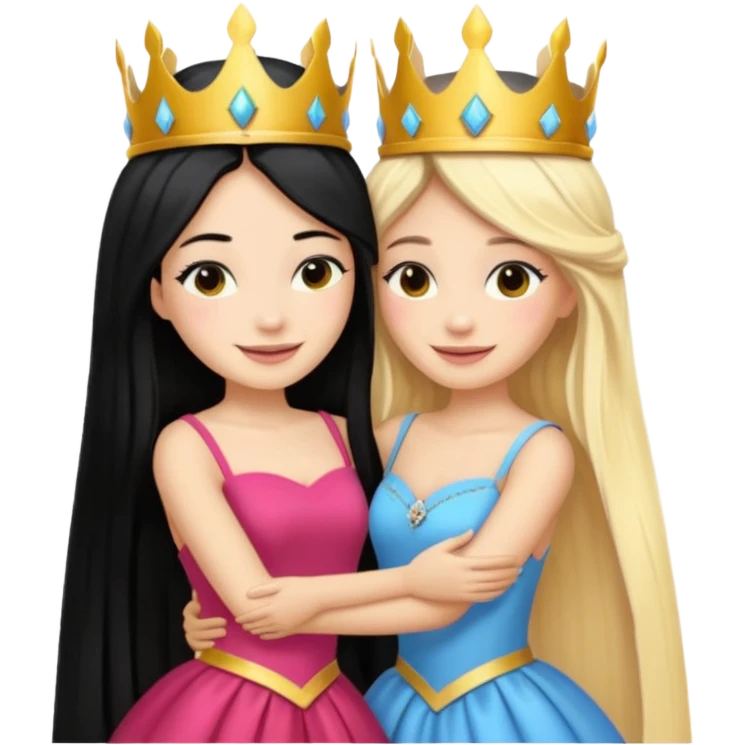 Two queens with long black hair and blonde  hugging. emoji