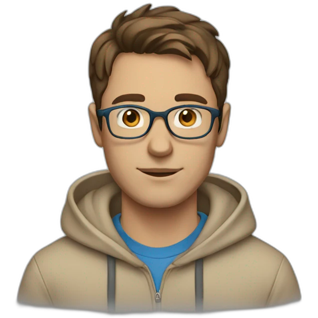 Man with blue eyes, brown hair and glasses wearing a beige hoodie emoji