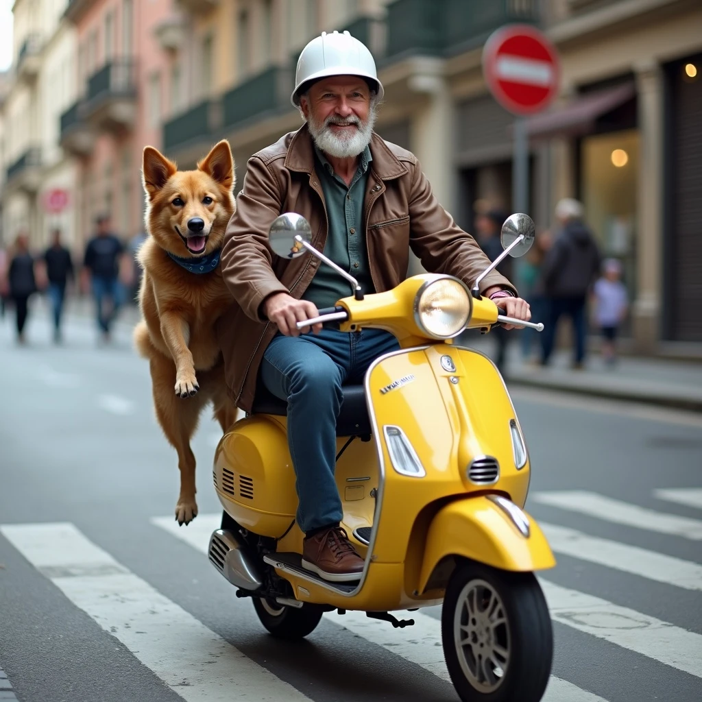 man and his pet dog riding a vespa emoji