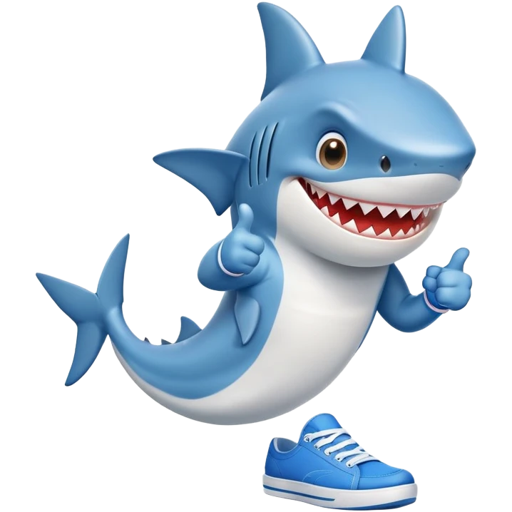 Funny shark character with blue sneakers showing thumbs up emoji