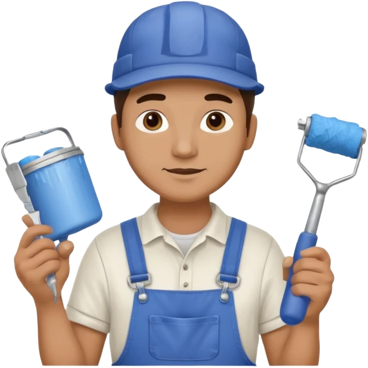 professional male house painter wearing cap and overalls holding a paint roller and paint can emoji