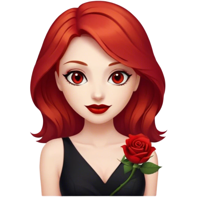 a woman with red hair and red eyes. The woman wear a black little cutted dress. She have red lipstick and she have a seductive look and smile. She have a rose flower in her hair emoji
