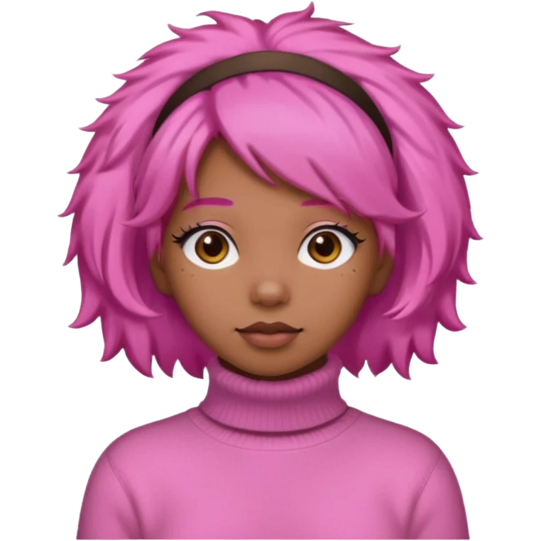 black fluffy haired girl with pink turtleneck sweater and pink hair band emoji