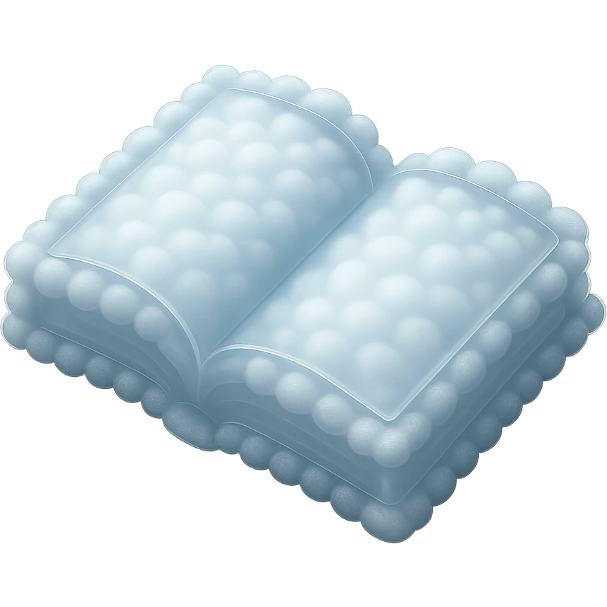 top view of a thick open book made entirely of small, very bright white fluffy convex clouds, matte glass style emoji