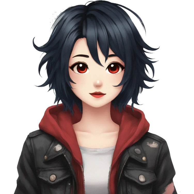 Gorgeous anime style shojo character with blushing face aesthetic and pretty edgy black red punk hair with hair garment trending style emoji