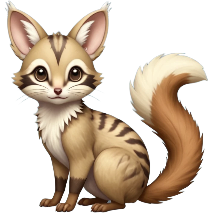 Brown-pointed, soft natural realistic romantic vintage antique divine beautiful elegant pretty precious cute young youthful  Fakémon-Pokémon-alien-opossum-squirrel-feline-serval-caracal-chinchilla-Minccino-Cinccino-Meowstic-rodent-hybrid-creature with a big fluffy bushy tail (full body) emoji