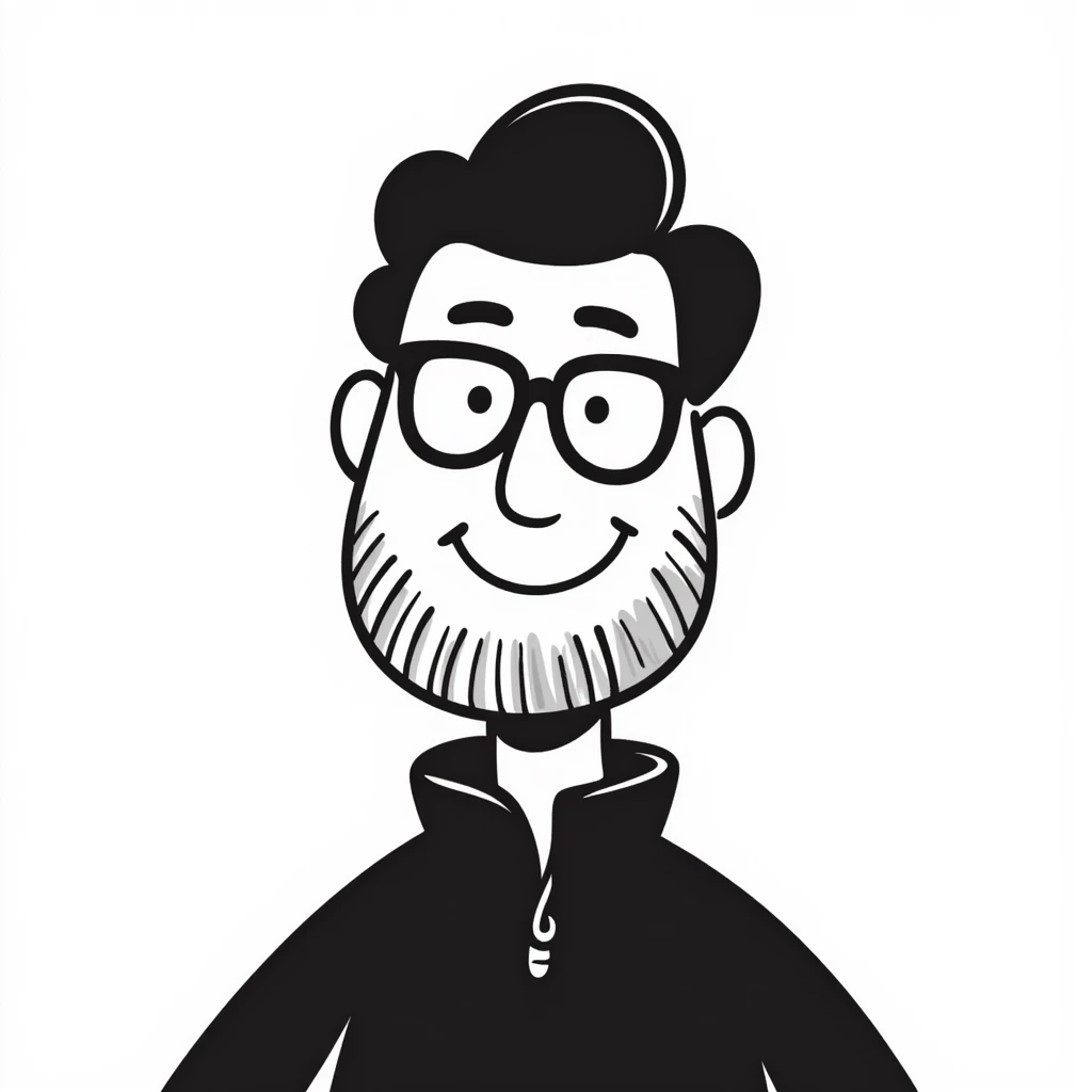 Light-skinned man with short black hair styled upwards, full short graying beard, smiling, wearing large black-framed glasses and a black long-sleeve sports shirt with zip at the neck emoji