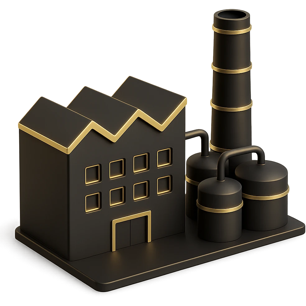 a gold factory building in 3D black style emoji