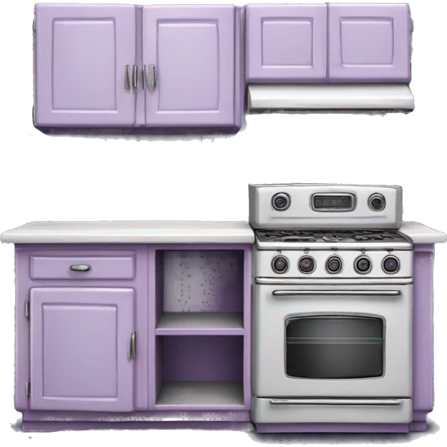 Isolated full length Realistic lavender vintage retro kitchen range with cabinets and counters. emoji