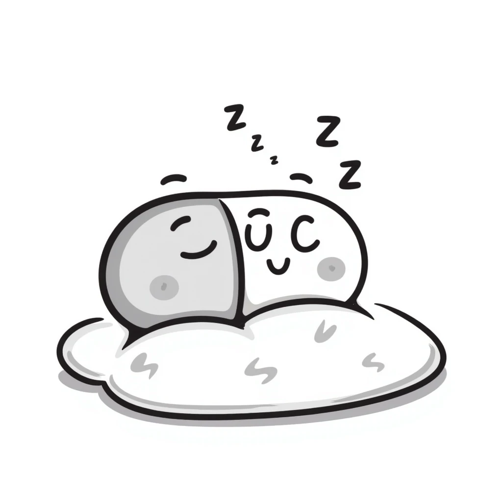 Cute sleeping pill with closed eyes and zzz sleep symbols, colorful sedative medicine capsule on a pillow, hand drawn sleep aid icon with gentle relaxing colors, sleep medicine concept emoji