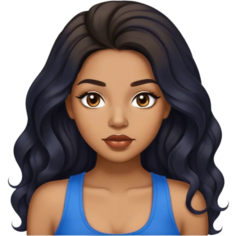 light brown skin tone, very beautiful woman, with big plump lips, long long lashes, black long wavy hair, middle hair parting, brown eyes, blue tank top emoji
