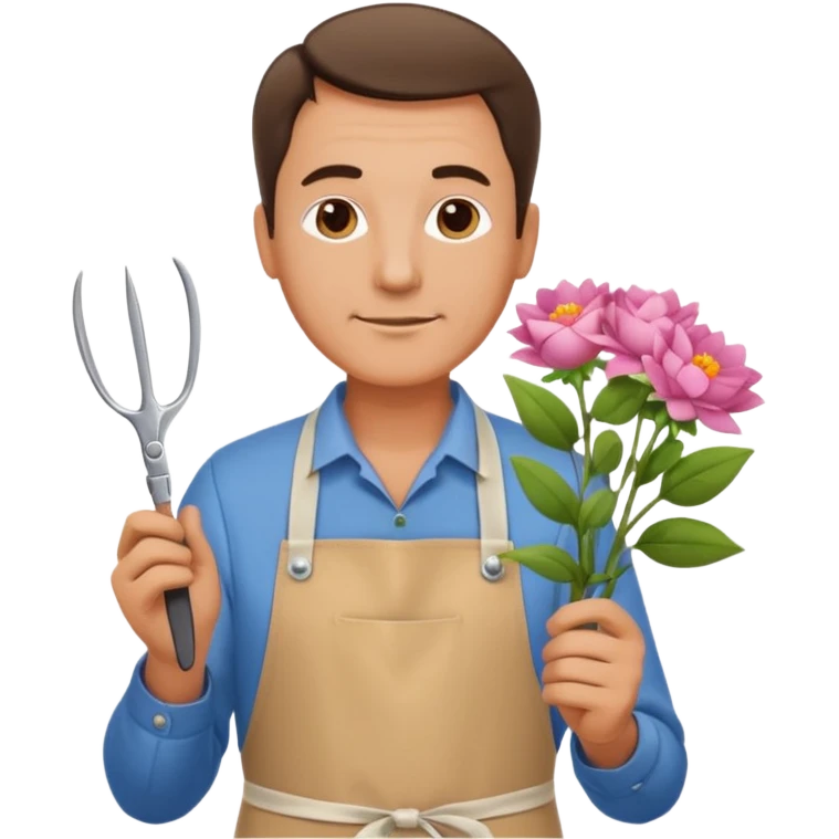Middle-aged male florist – apron on, trimming stems with scissors emoji