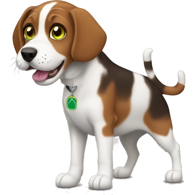 green eyed dark brown tabby cat playing with a tricolor beagle dog emoji