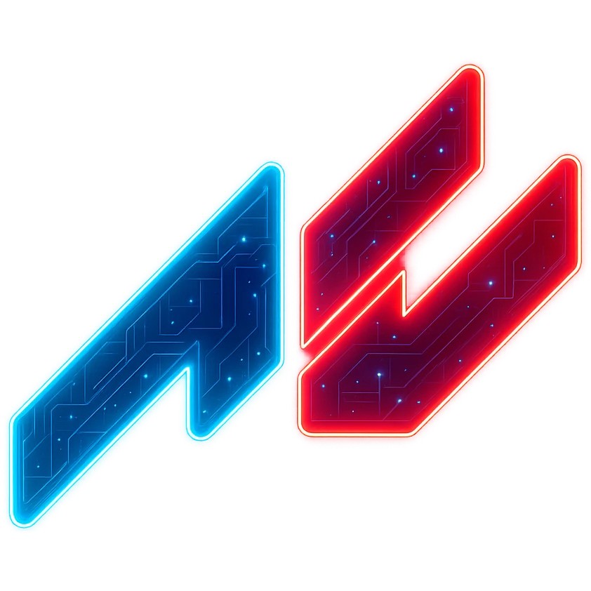 Transform the Assetto Corsa logo into a cyberpunk, holographic style with glowing neon red and blue edges, circuit patterns throughout the logo, and a transparent background. Maintain the recognizable AC shape and color split, overlaying neon and circuit effects in the same futuristic, clean style as previous cyberpunk icons. The whole icon should have a consistent cyberpunk glow and intricate circuit details in a futuristic, clean style. emoji