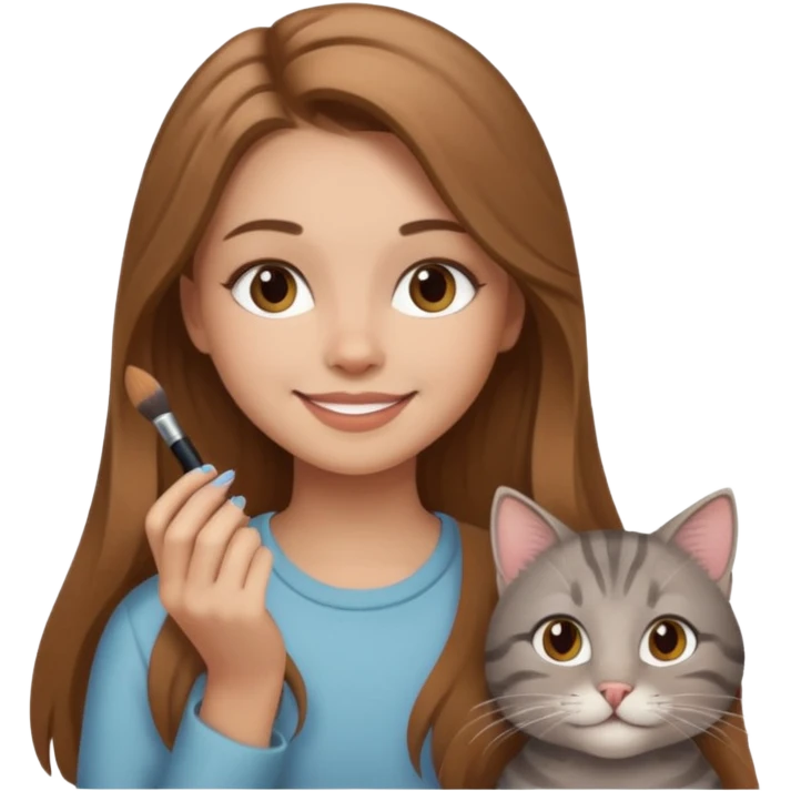 A image of a girl with light long brown hair doing her makeup with her grey tabby cat. She is smiling emoji