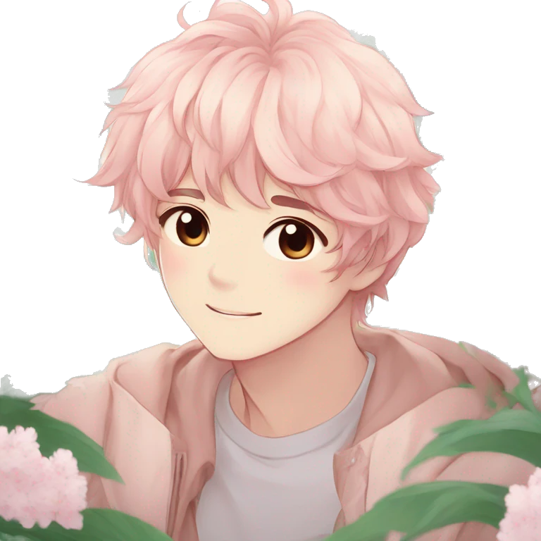 Gorgeous pastel anime style shojo guy with blushing face and flowers aesthetic trending style outside emoji