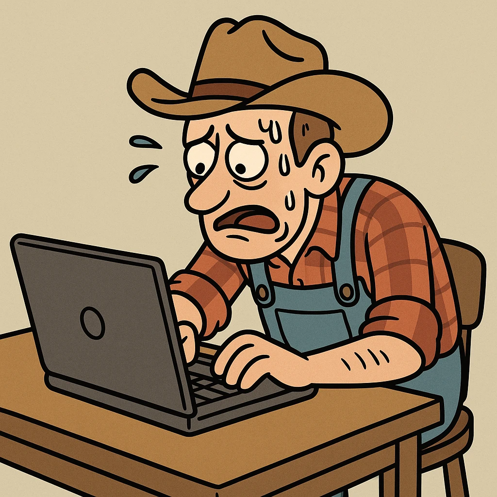 A farmer at a desk, struggling with a laptop, sweat on brow, in a cartoon style emoji