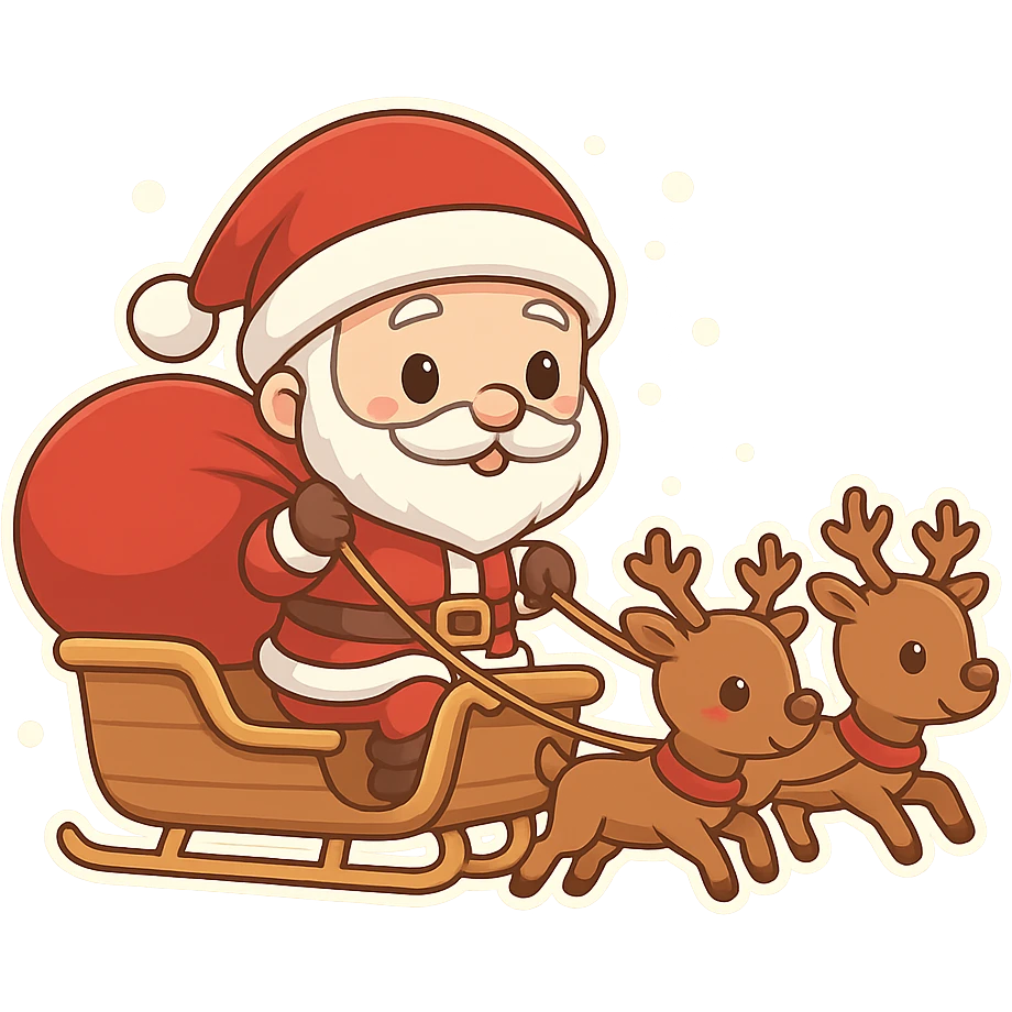 一个圣诞老人坐着雪橇，飞在天空中，雪橇有3头驯鹿拉着。圣诞老人背着一大袋红色的礼物袋子。 emoji