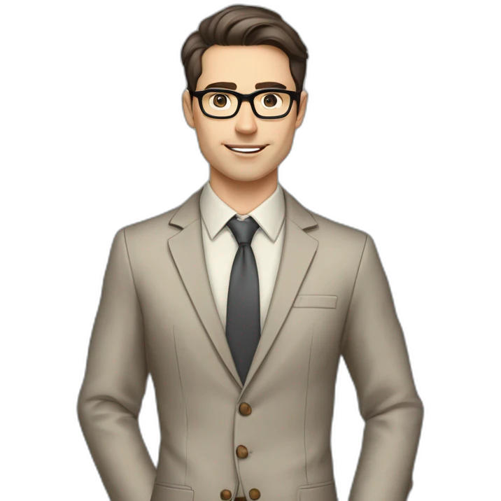 Pale skinned fit man with dark brown hair in gray jacket, beige office shirt, brown tie, brown pants and vintage glasses Writing on the marker board emoji