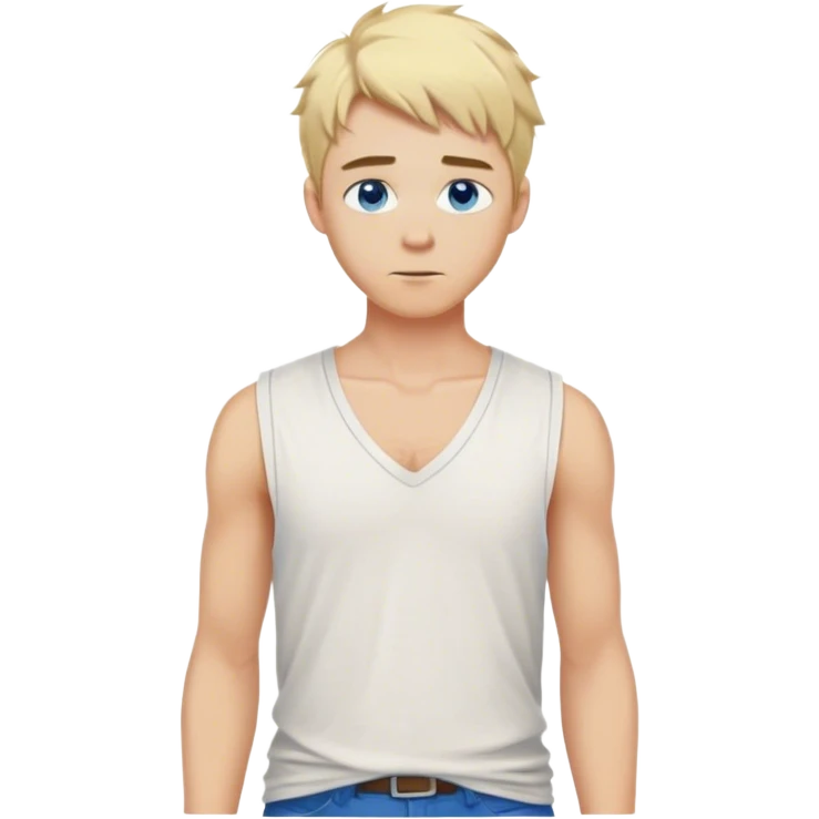 medieval summer outfit worn by a DnD themed fantasy male character. basic sleeveless cotton shirt with a deep V-neck and a loose fit. clothes only above the waist. The clothes full waist. The character's haven't arms. character is white-skinned, blonde hair, blue eyes, short messy hair. emoji