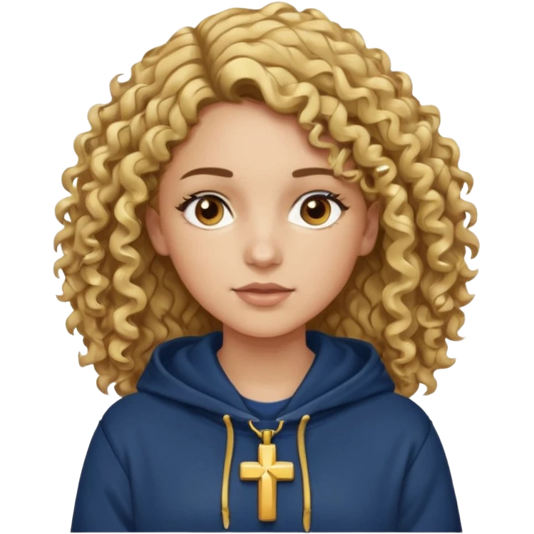 woman with curly brown hair and blonde highlights, brown eyes, and a gold cross necklace over a navy hoodie. emoji
