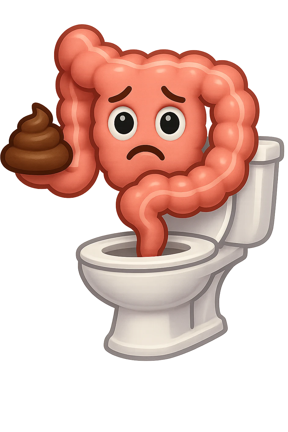 emoji stile iphone di un intestino che esce dal wc con in mano una montagnetta di feci con espressione triste a palline emoji