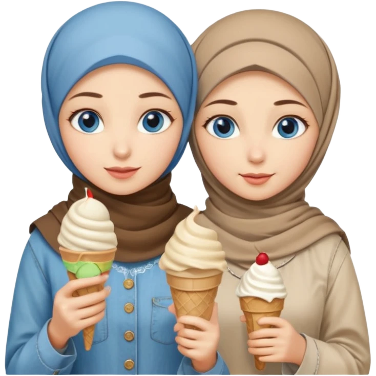 Turkish beautiful finish Konya two girls blue eyes with beige denim hijab islamic dress and had on her hand ice cream in cup emoji