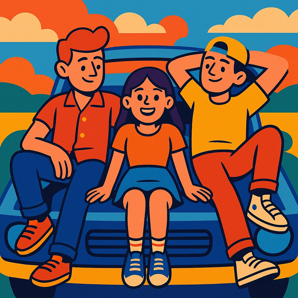 two guys laying on the hood of a car with a girl between their legs, vibrant and playful style emoji