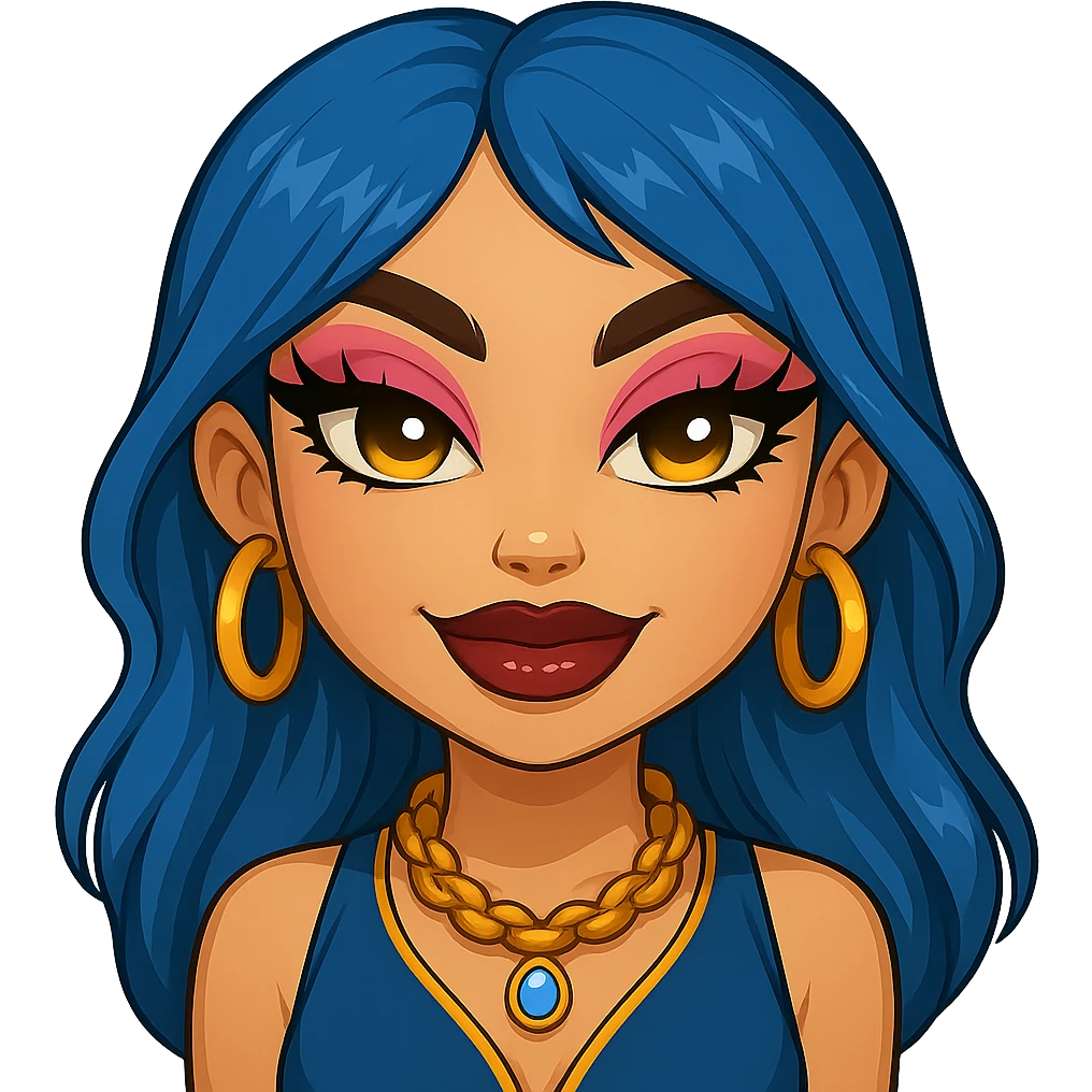 Make her look nice and cute, but with slightly scary eyes, keep gyaru style, blue hair, pretty makeup, bratz baddie style, emoji style, with no background. emoji