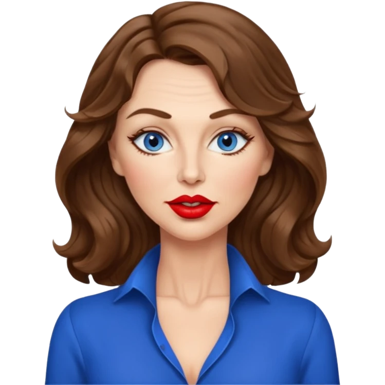 Extra Long wavy hair, brown hair, blue eyes Caucasian, age 50, sexy clothes boobies, kissing face emoji