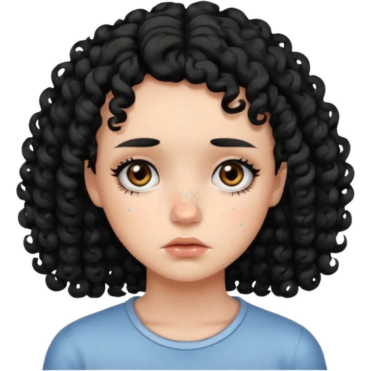a girl with black curls sad and with acne in her face emoji