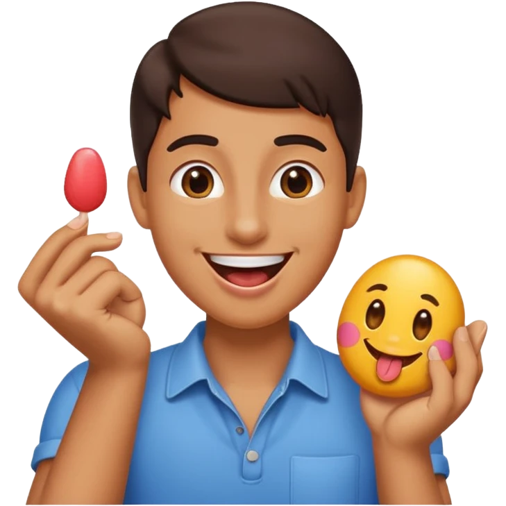 Happy face with tongue out with a 6 in one hand and 7 in the other emoji