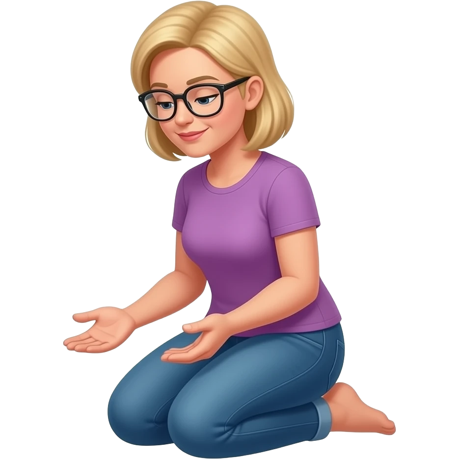 Frau 40 Jahre, Brille blondes haar .
Sie sitzt auf beiden Knien.
Ihre Unterschenkel liegen nach hinten auf dem Boden.
Der Oberkörper ist aufrecht, 
Die hände liegen auf den oberschenkel, die Handflächen zeigen nach oben, als würde sie etwas anbieten,
Der Blick ist nach unten gerichtet emoji
