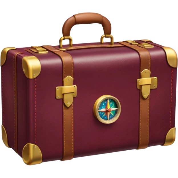 burgundy travel suitcase with multi-colored stamps on it and a gold compass emoji