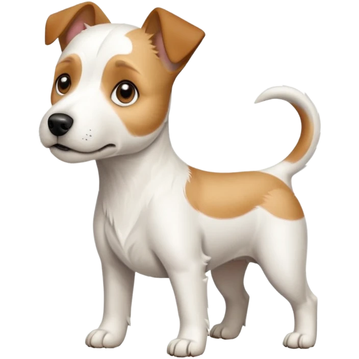 a full body white parson russell looking dog the size of a kelpie with light brown ears and a light brown patch on one eye and a large snout emoji