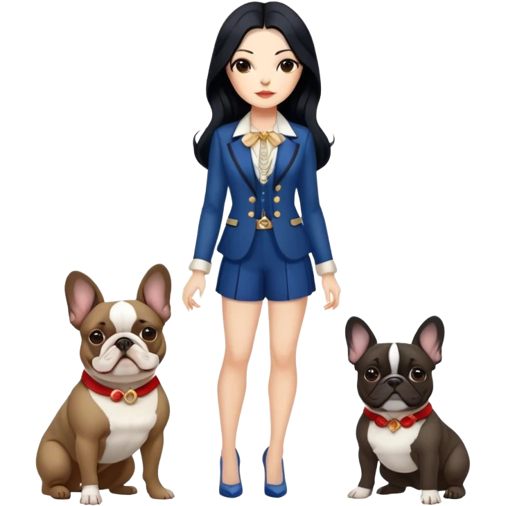 latin woman in fancy clothes with long black hair standing alongside two French bulldogs  emoji