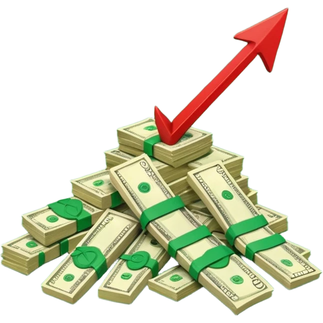 a pile of money infront of strategy paper with one red arrow up emoji